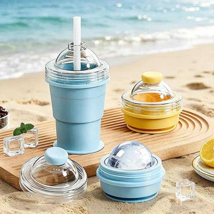 2-in-1 Foldable Silicone Ice Ball Maker & Water Bottle – 380ml